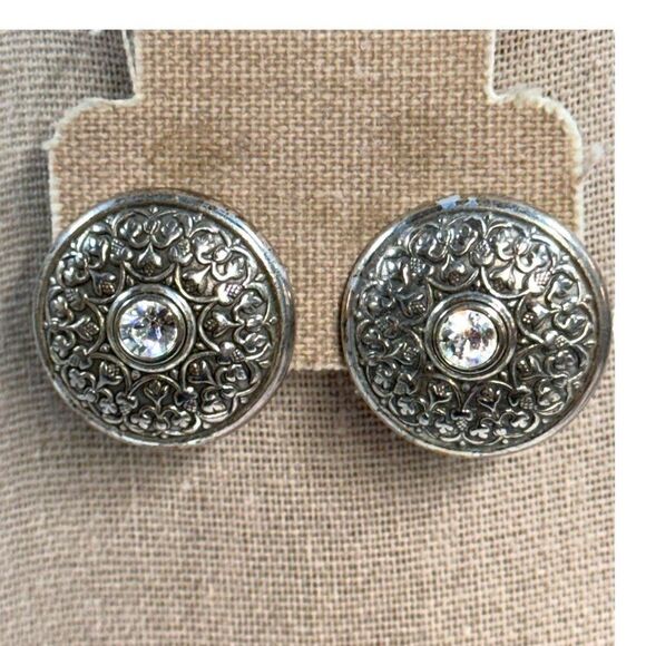 Brighton Vintage Silver-Tone Clip-On Earrings RRhinestone Center & Intricate Flo - Picture 1 of 6